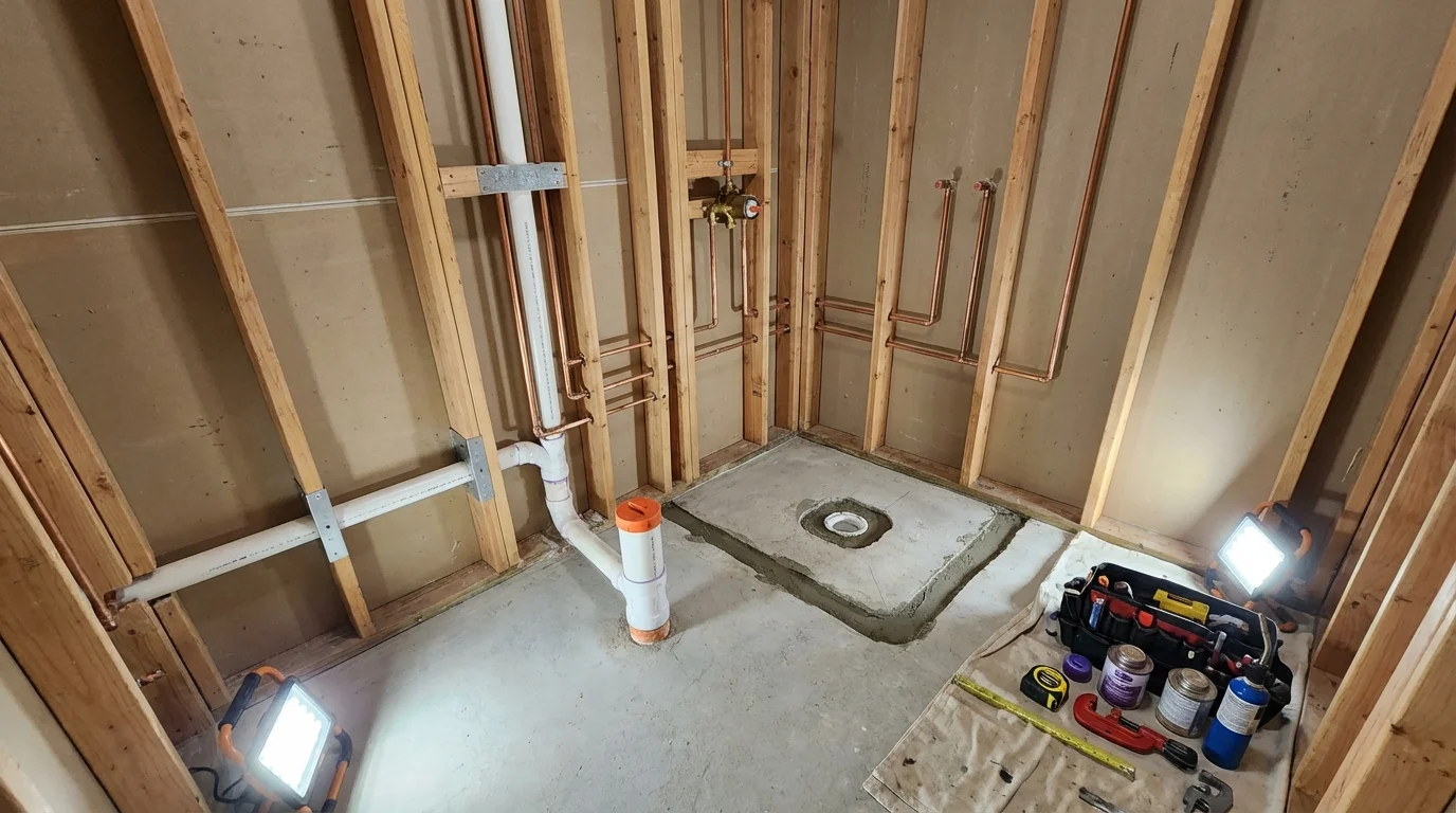 Bathroom rough-in plumbing during remodel by Johns Plumbing LLC in Indianapolis