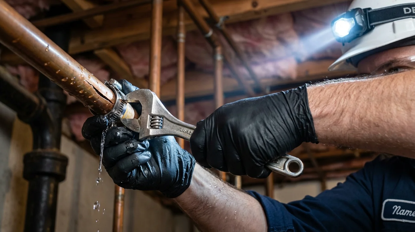 Emergency pipe clamp repair being performed by a Johns Plumbing LLC plumber in Indianapolis