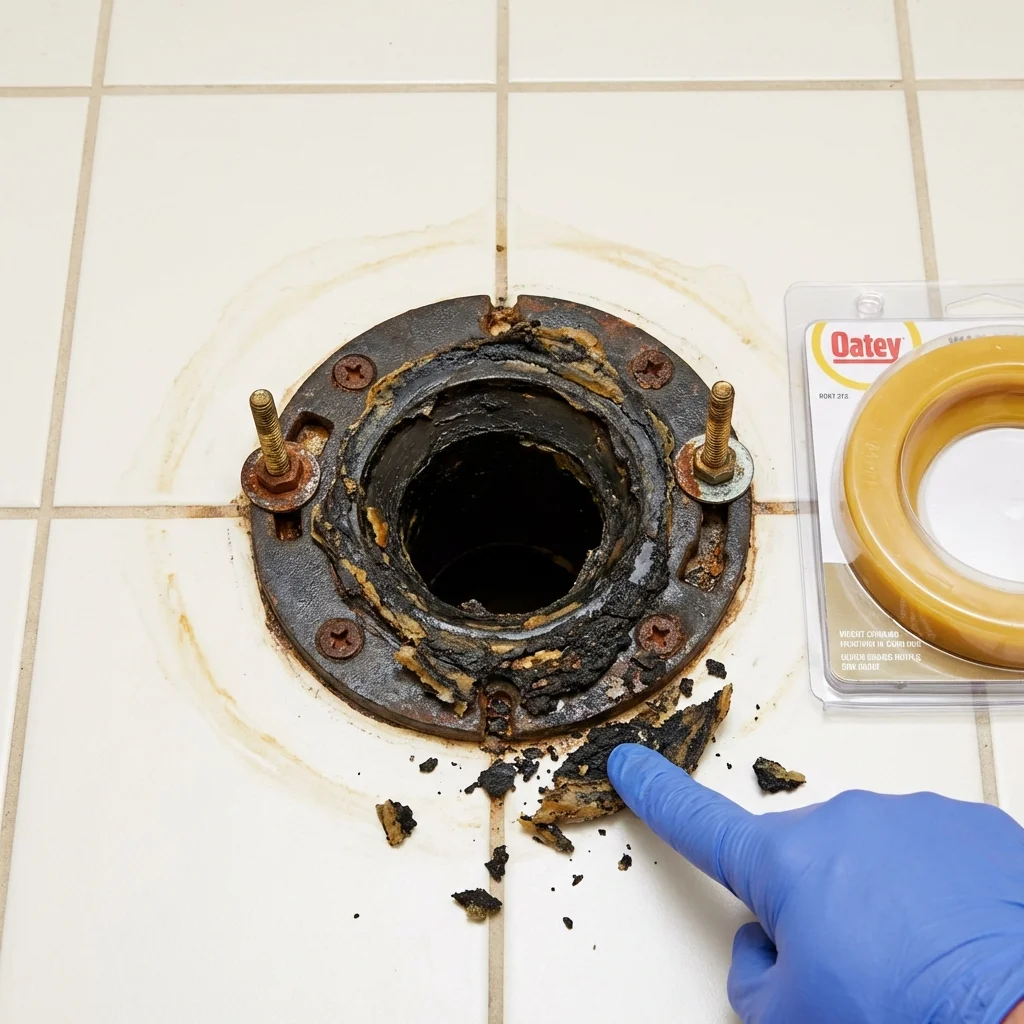Failed wax ring showing water seepage at the base of a toilet in a Indianapolis, IN home