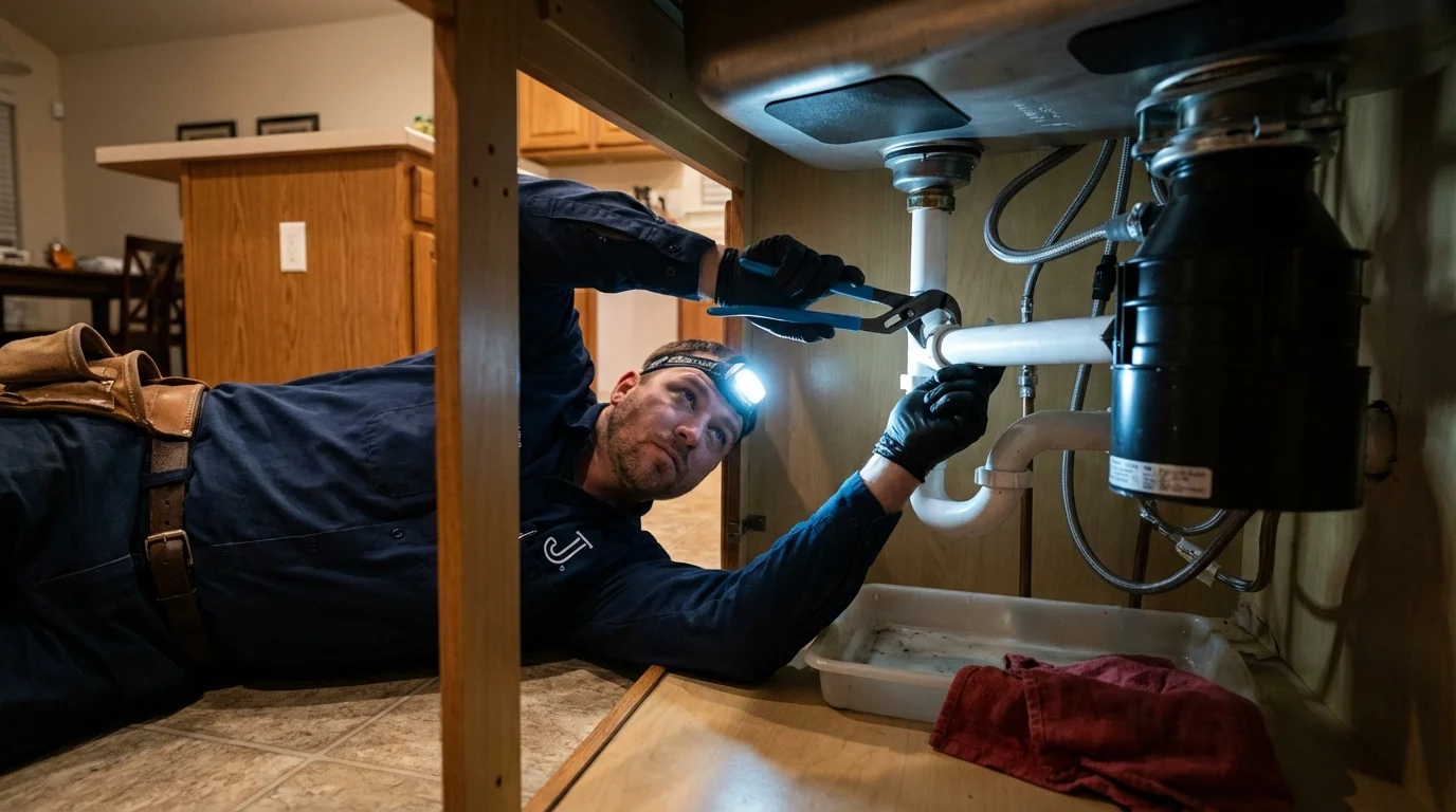 P-trap and supply line connections under a kitchen sink showing a common leak point in Indianapolis, IN